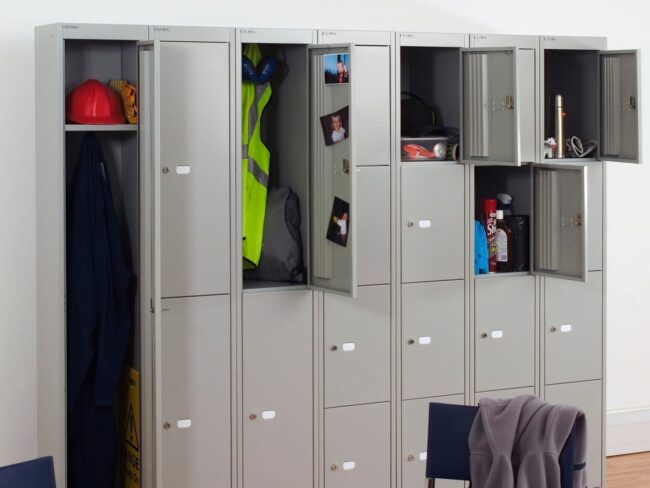 Image of grey clothes lockers with single, 2 door and 4 door options