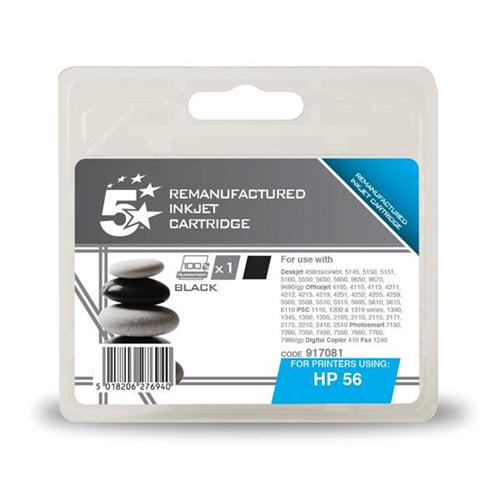 5 Star Office Remanufactured Inkjet Cartridge Page Life 520pp Black [HP No. 56 C6656AE Alternative] | 917081