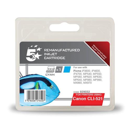 5 Star Office Remanufactured Inkjet Cartridge Page Life 470pp Cyan [Canon CLI-521C Alternative] | 929032