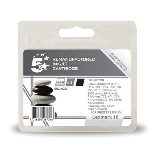 5 Star Office Remanufactured Inkjet Cartridge Page Life 410pp Black [Lexmark 16 10N0016E Alternative] | 930083